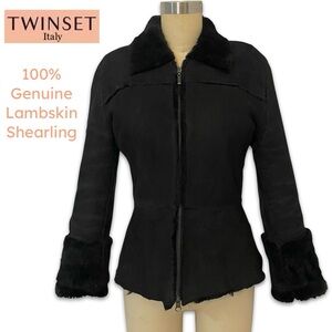 Twinset Italy Genuine Lambskin Shearling Jacket Black genuine leather Medium